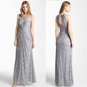 Adrianna Papell E Red Carpet Knot Front Metallic Mesh Gown Silver Size 14